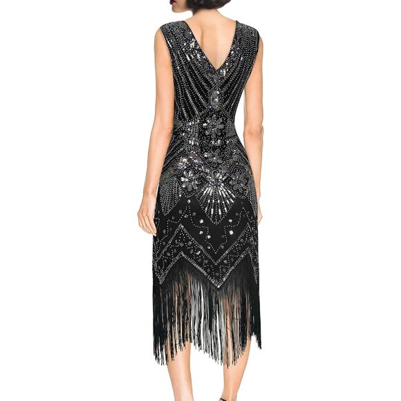 Women's 1920s Flapper Dress Vintage Lace Fringed Gatsby Cocktail Party - Picture 4 of 7